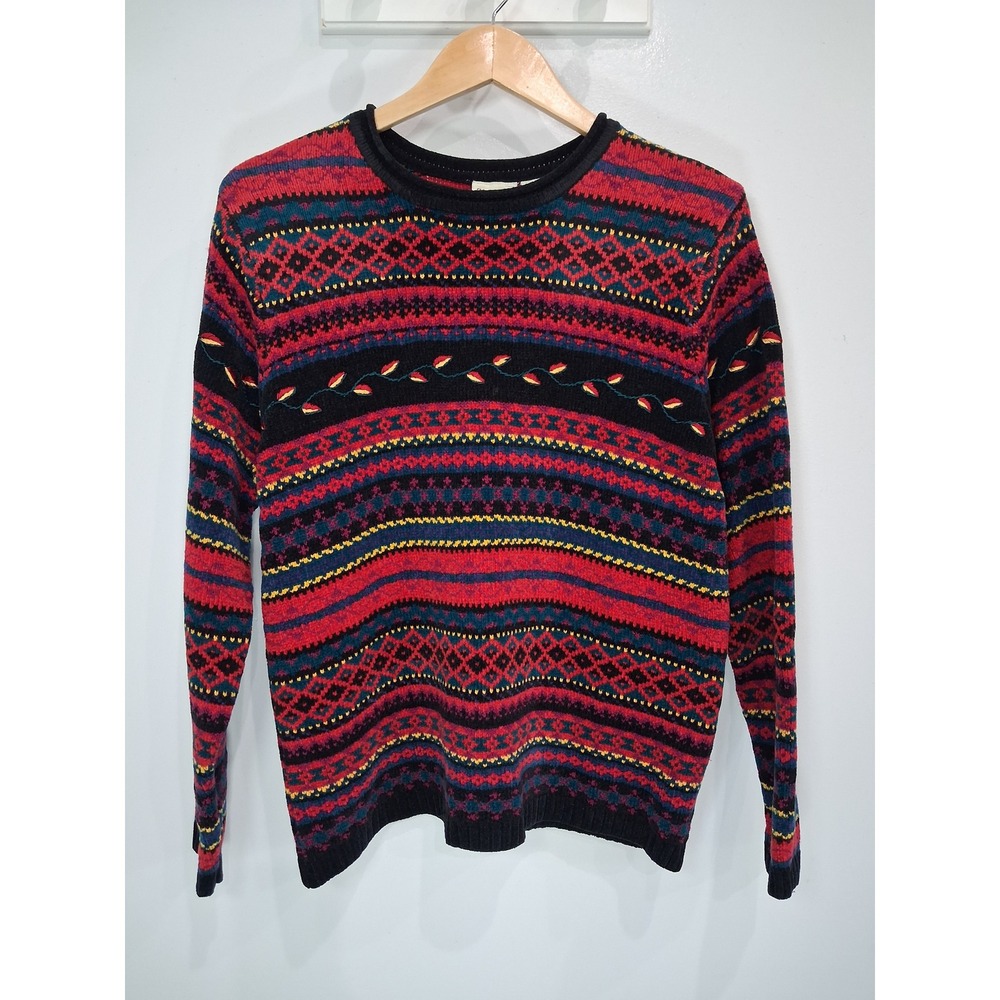 Classic Elements Petite Red Fair Isle Knit Sweater Embroidered Floral Size L